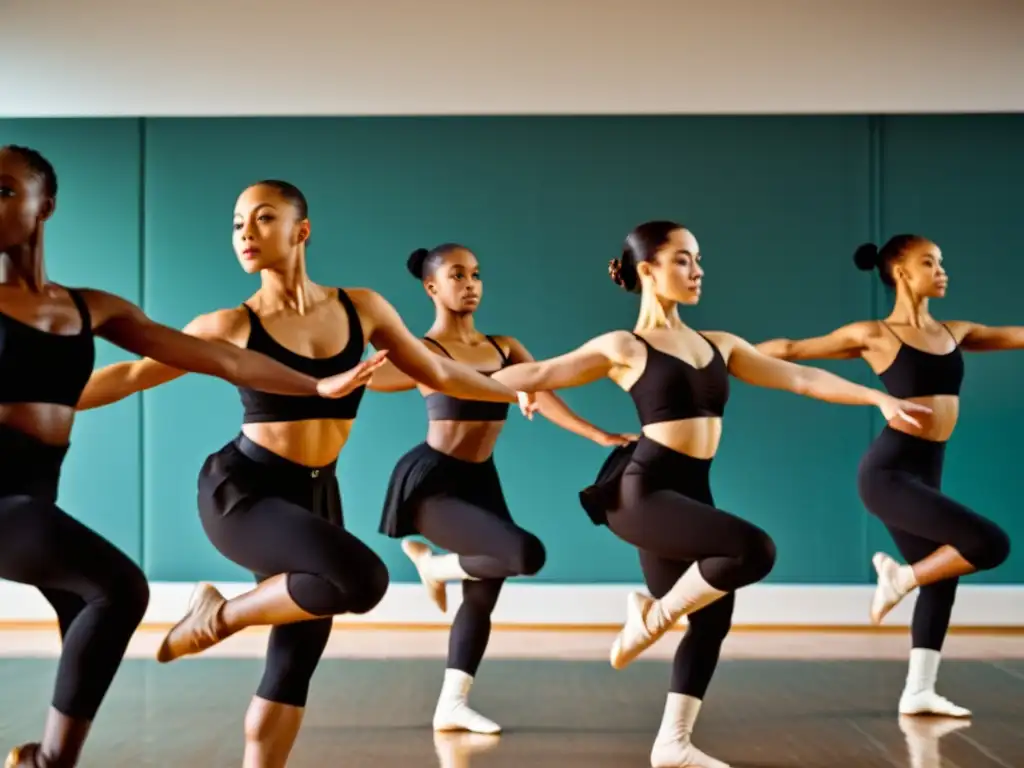 Un grupo de bailarines profesionales en un estudio amplio y bien iluminado, demostrando fuerza, flexibilidad y gracia en diferentes poses