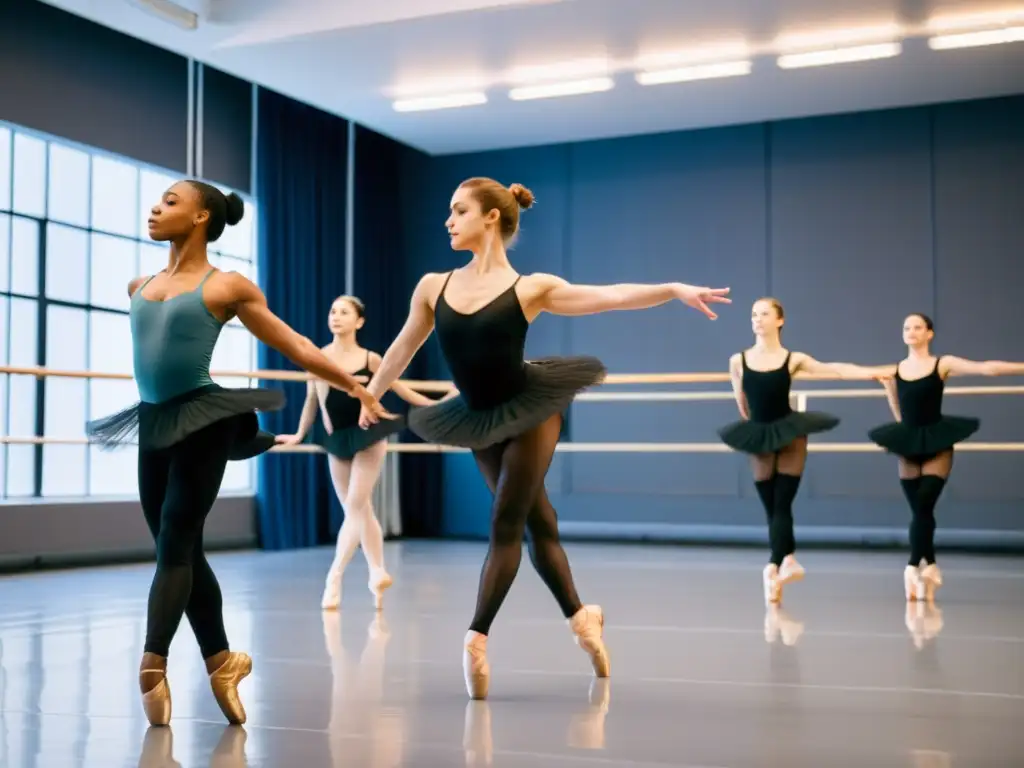 Grupo de bailarines profesionales ejecutando con gracia y precisión, destacando la importancia de la nutrición en danza