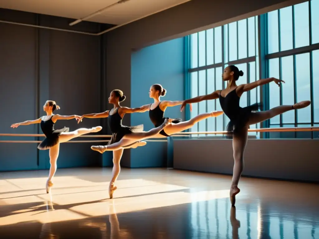 Grupo de bailarines profesionales ejecutan con gracia piruetas y grand jetés en un estudio iluminado por el sol, demostrando la importancia del magnesio y potasio en las rutinas de danza