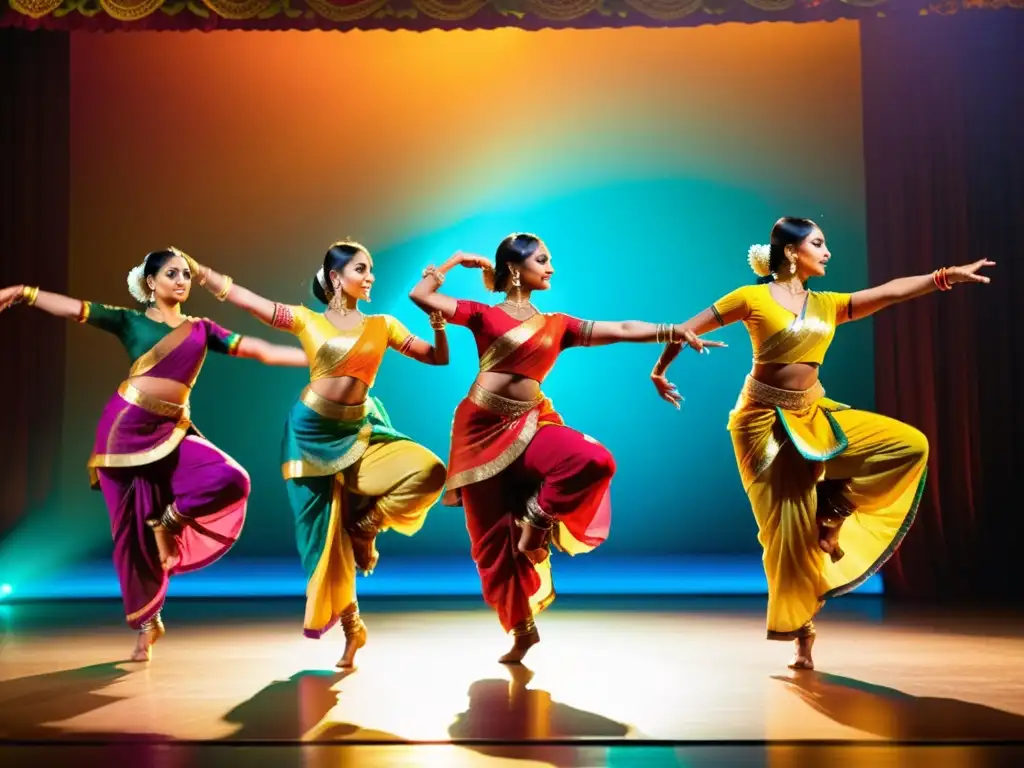 Un grupo de bailarines profesionales indios ejecutan una danza moderna vibrante con técnicas coreográficas de la India