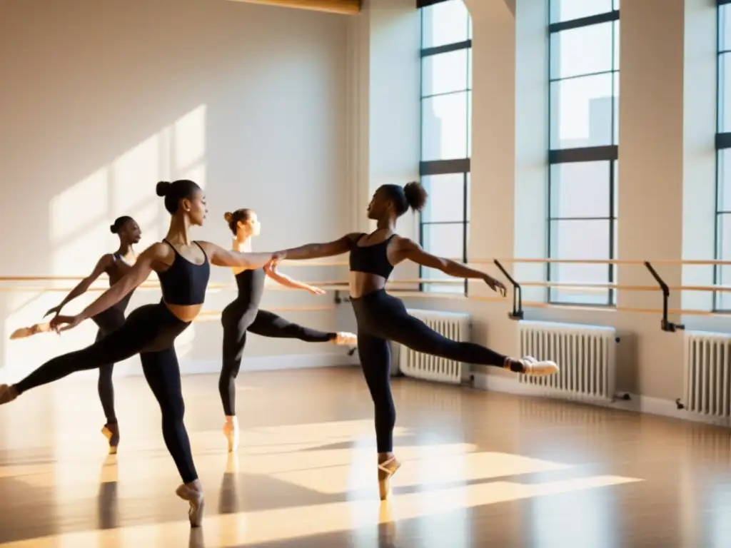 Grupo de bailarines profesionales realizando un intenso entrenamiento de cardio en un estudio luminoso, demostrando fuerza y determinación