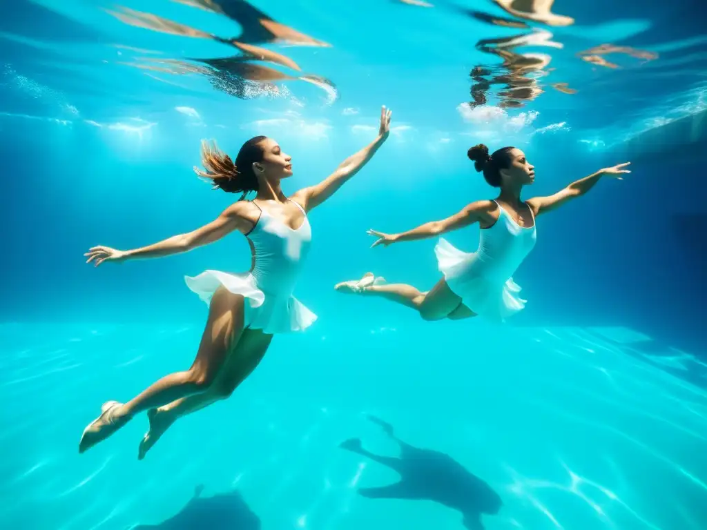 Un grupo de bailarines profesionales realiza movimientos sincronizados bajo el agua en una piscina turquesa, con trajes vibrantes que ondean a su alrededor