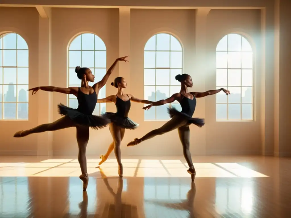 Un grupo de bailarines profesionales ejecuta movimientos precisos con gracia y fuerza en un estudio luminoso