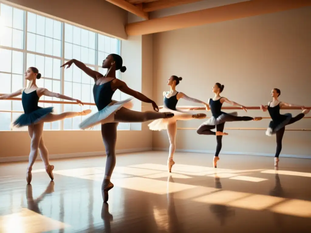 Grupo de bailarines profesionales ejecutando movimientos precisos y elegantes en un estudio iluminado por el sol