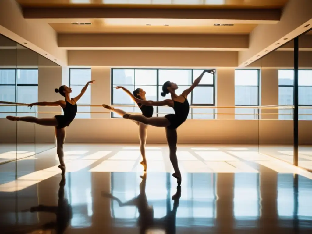 Grupo de bailarines profesionales ejecutando piruetas y saltos con gracia en un estudio de danza bañado por la luz del sol