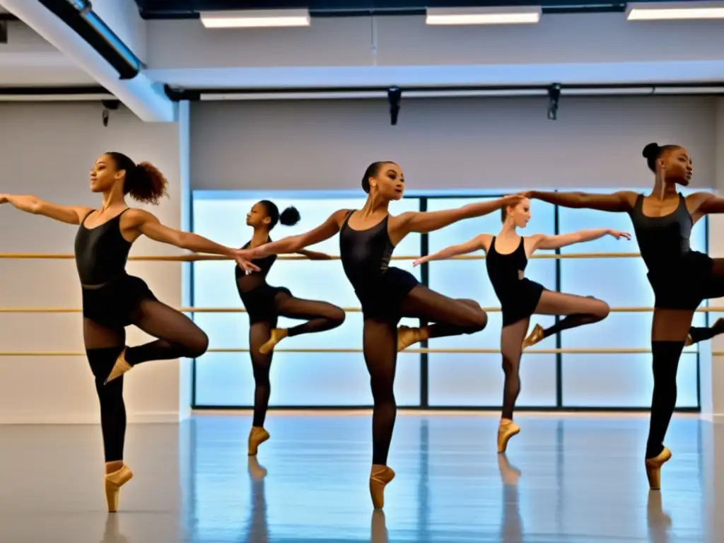 Un grupo de bailarines profesionales ejecutando una rutina compleja en un estudio espacioso y bien iluminado