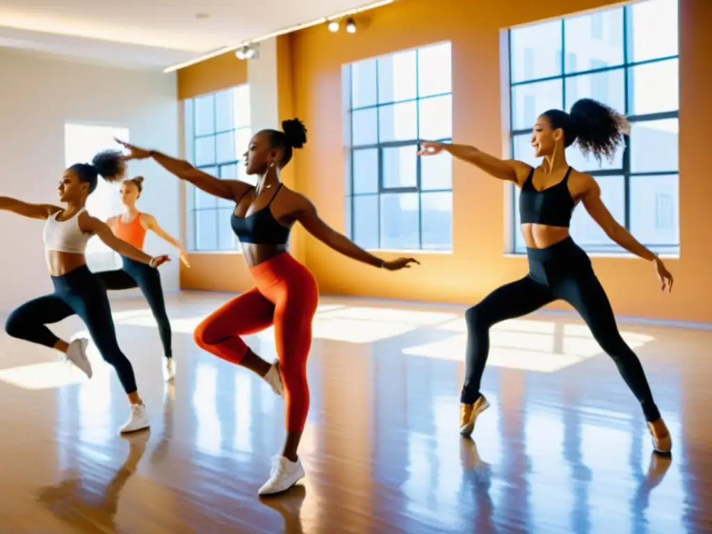 Grupo de bailarines profesionales practicando una rutina de cardio enérgica en un estudio de danza luminoso, reflejando fuerza, pasión y dedicación