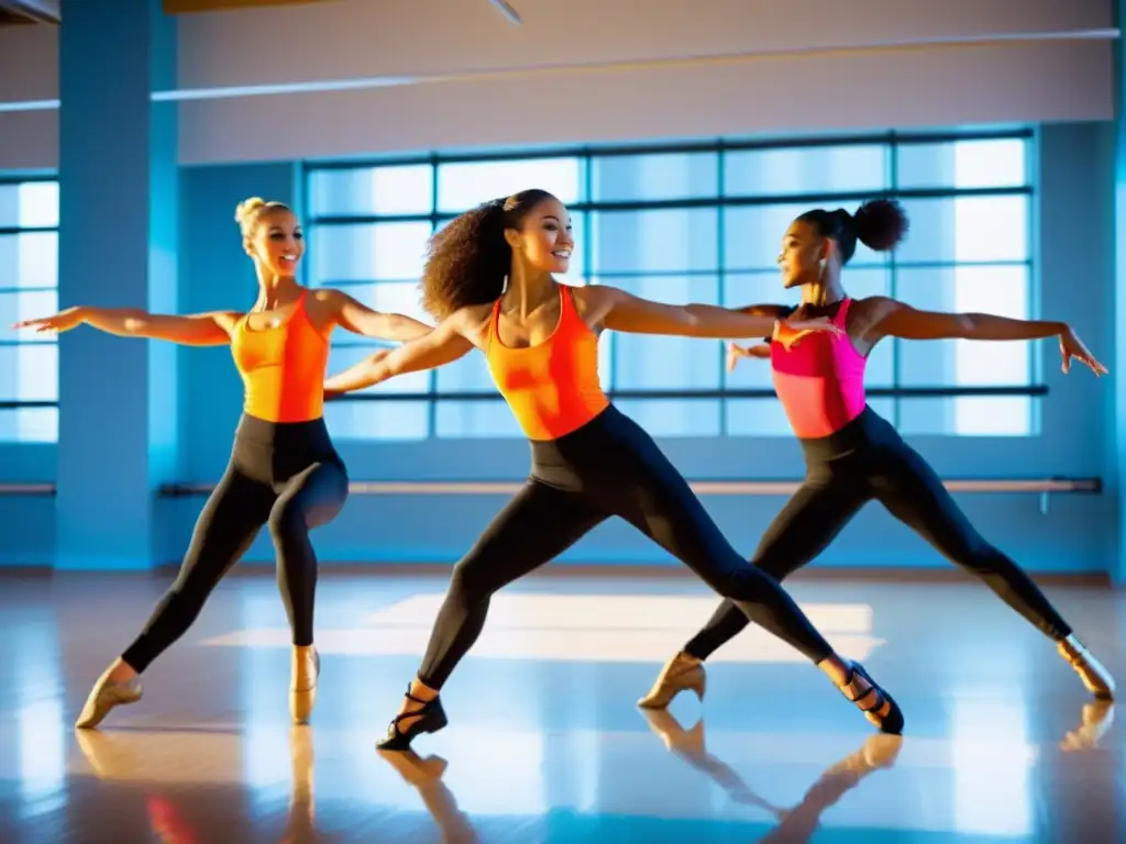 Un grupo de bailarines profesionales realiza una rutina de alto impacto en un estudio de baile, mostrando la fusión perfecta entre danza y cardio