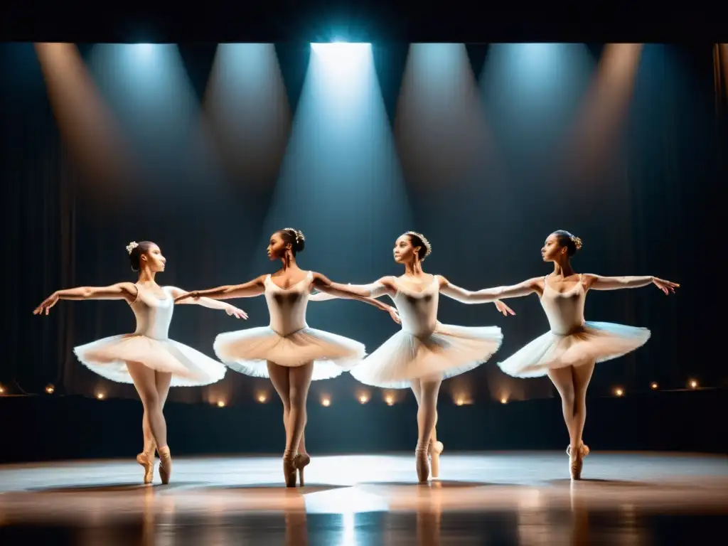 Grupo de bailarines profesionales ejecutando una rutina elegante y sincronizada en un escenario tenue