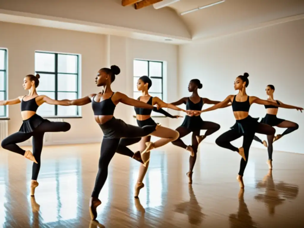 Un grupo de bailarines profesionales practicando una rutina compleja en un estudio espacioso y bien iluminado