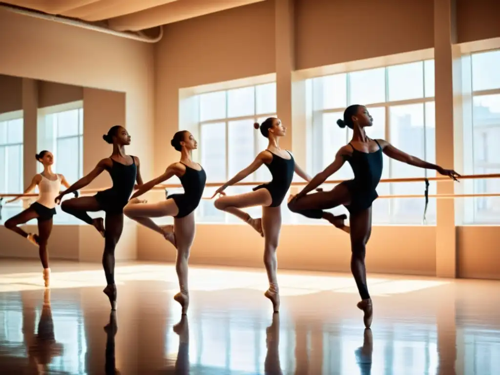 Grupo de bailarines profesionales ejecutando un salto sincronizado en un estudio de danza iluminado