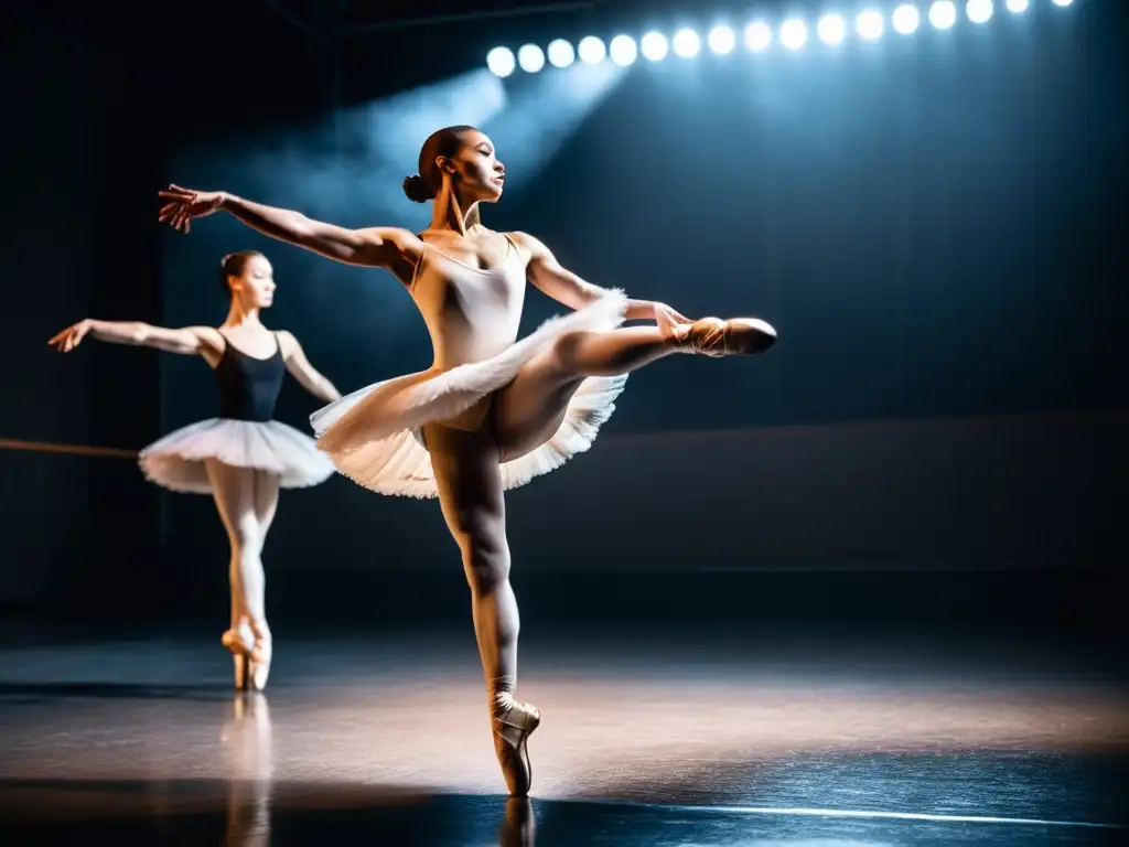 Un grupo de bailarines profesionales en un salto grácil, capturando la pasión y dedicación tras bastidores de un documental de danza