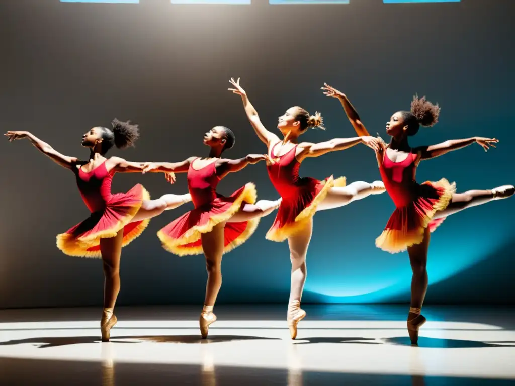 Un grupo de bailarines profesionales ejecuta un salto sincronizado en un estudio espacioso y soleado