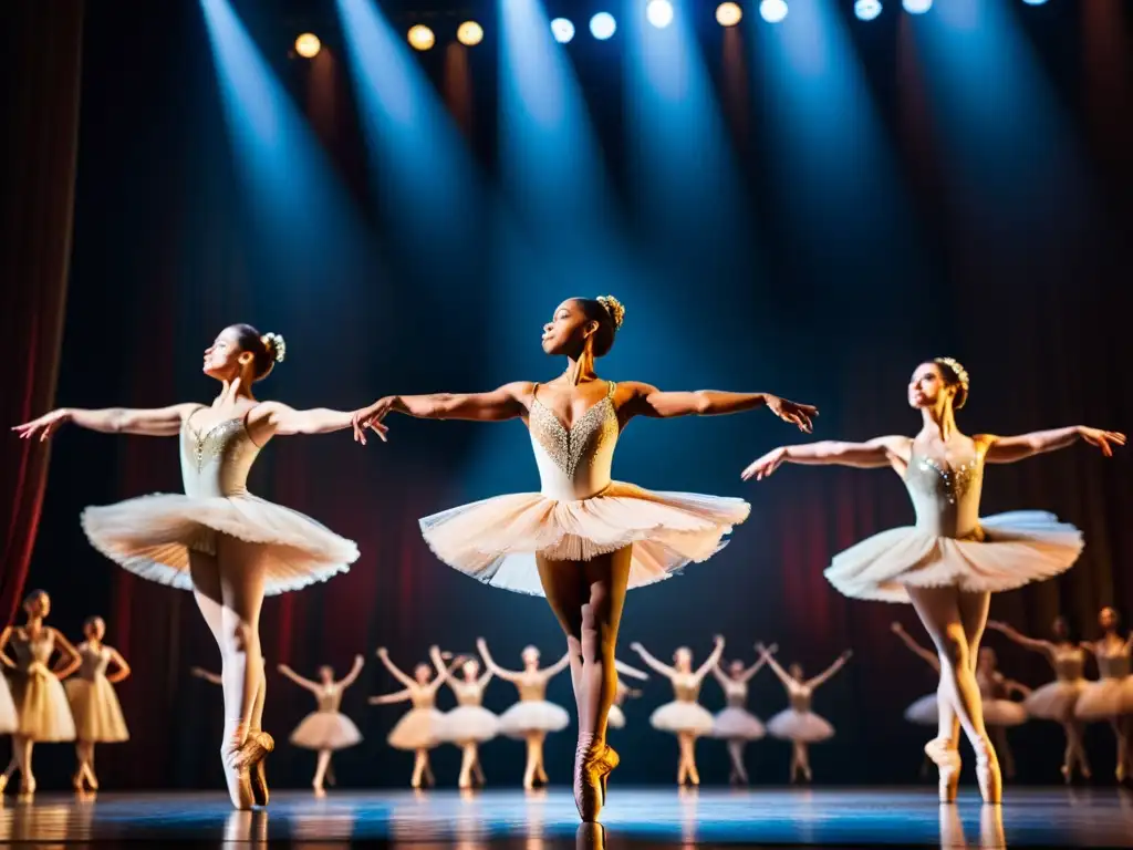 Grupo de bailarines profesionales ejecutando saltos en el escenario, resaltando la importancia de carbohidratos en danza