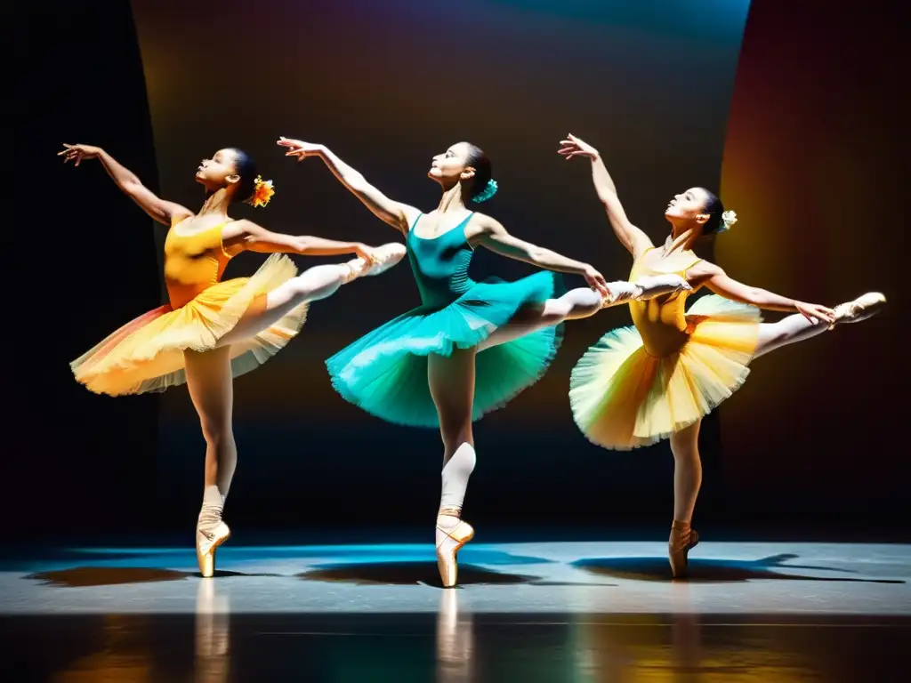 Grupo de bailarines profesionales con trajes coloridos, saltando graciosamente en un escenario iluminado por el sol