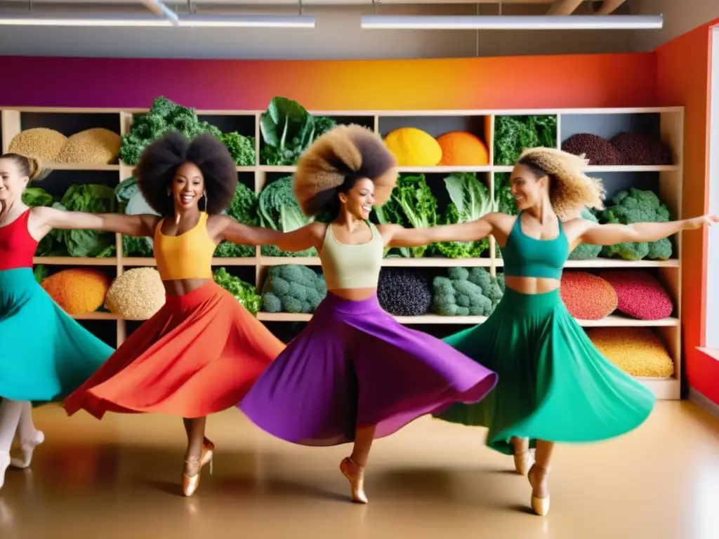 Grupo de bailarines profesionales en trajes coloridos, realizando movimientos gráciles en un estudio de danza iluminado por el sol