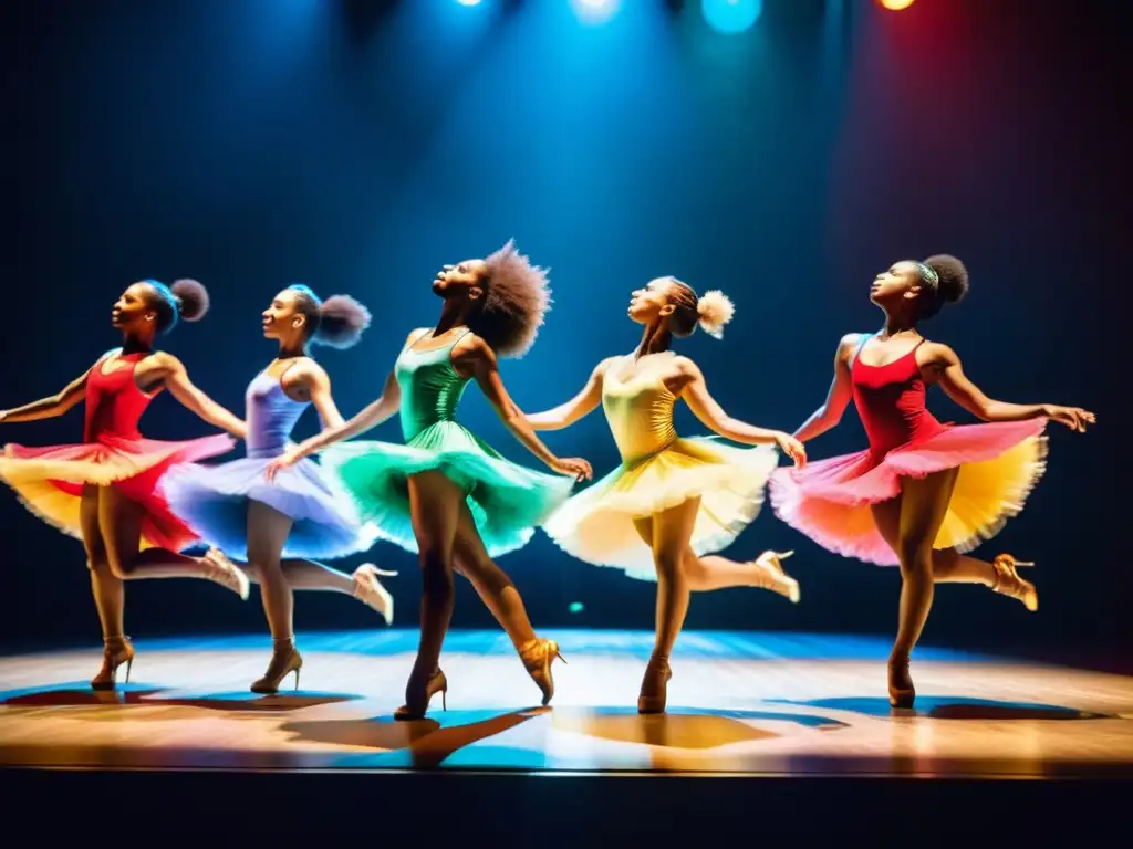 Un grupo de bailarines profesionales, en trajes vibrantes, se mueven en perfecta sincronización en un escenario iluminado dramáticamente