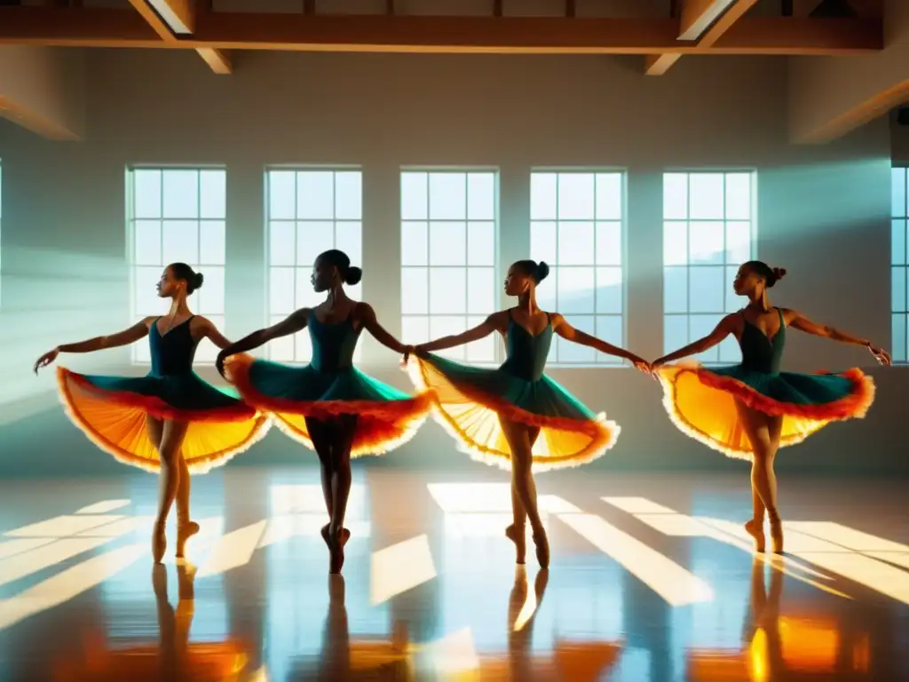 Un grupo de bailarines profesionales con trajes vibrantes, saltando con gracia en un estudio soleado