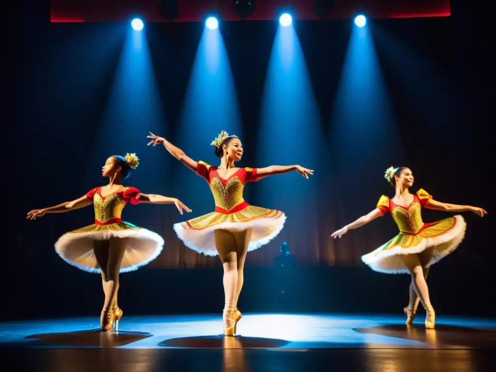 Un grupo de bailarines profesionales, en trajes vibrantes y elaborados, se mueven con gracia y sincronía en un escenario tenue