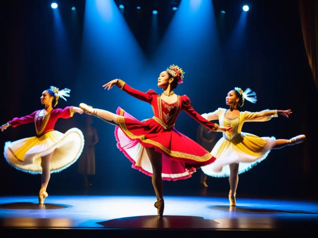 Grupo de bailarines profesionales con trajes vibrantes en escenario