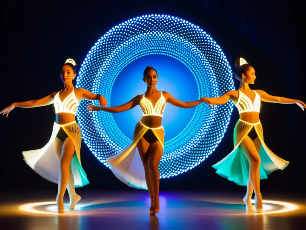 Grupo de bailarines profesionales con trajes vibrantes de telas inteligentes en escenario iluminado, fusionando danza tradicional y tecnología