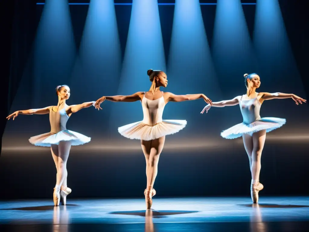 Grupo de bailarines profesionales con vestuario de danza de materiales modernos, realizando un salto sincronizado en el escenario