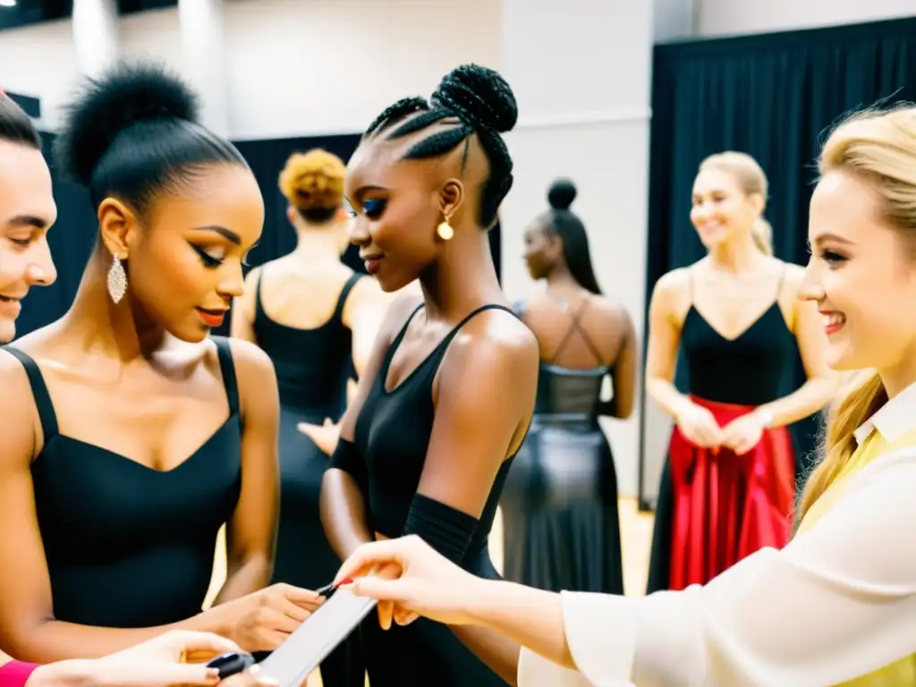 Grupo de bailarines profesionales en vibrantes trajes se preparan backstage en un festival de danza, creando una atmósfera de energía y dedicación