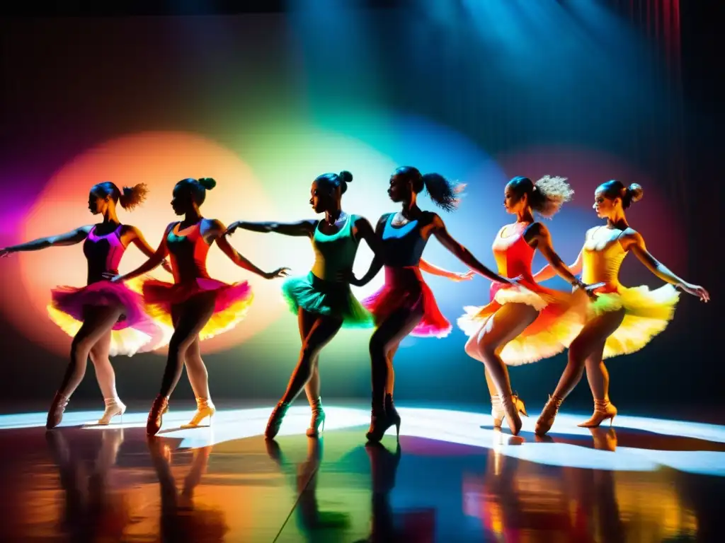 Un grupo de bailarines profesionales en vibrantes trajes, ejecutando una coreografía intensa en un escenario iluminado