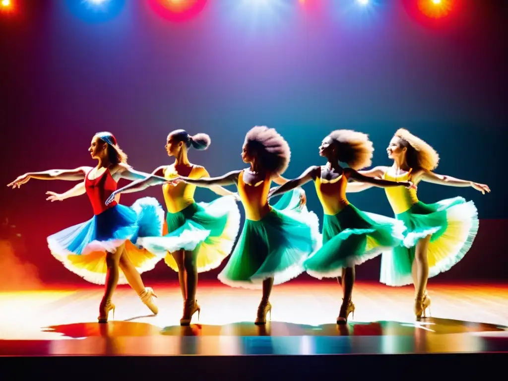 Grupo de bailarines profesionales en vibrantes trajes, moviéndose graciosamente en un escenario iluminado por el sol