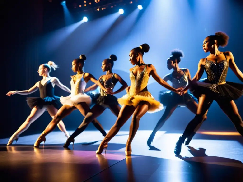 Grupo de bailarines profesionales en vivo, con trajes detallados y movimientos fluidos