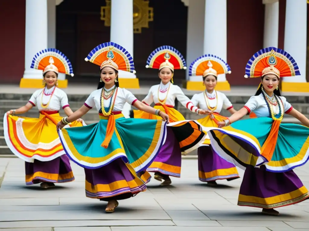 Grupo de bailarines Manipuri ejecutando el Pung cholom en un templo de la India, destacando Técnicas y movimientos de la danza Manipuri India