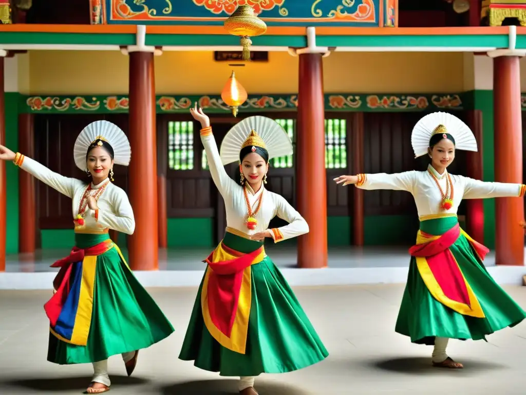 Grupo de bailarines manipuris realiza el Pung Cholom en un templo adornado en Manipur, mostrando su devoción y destreza acrobática