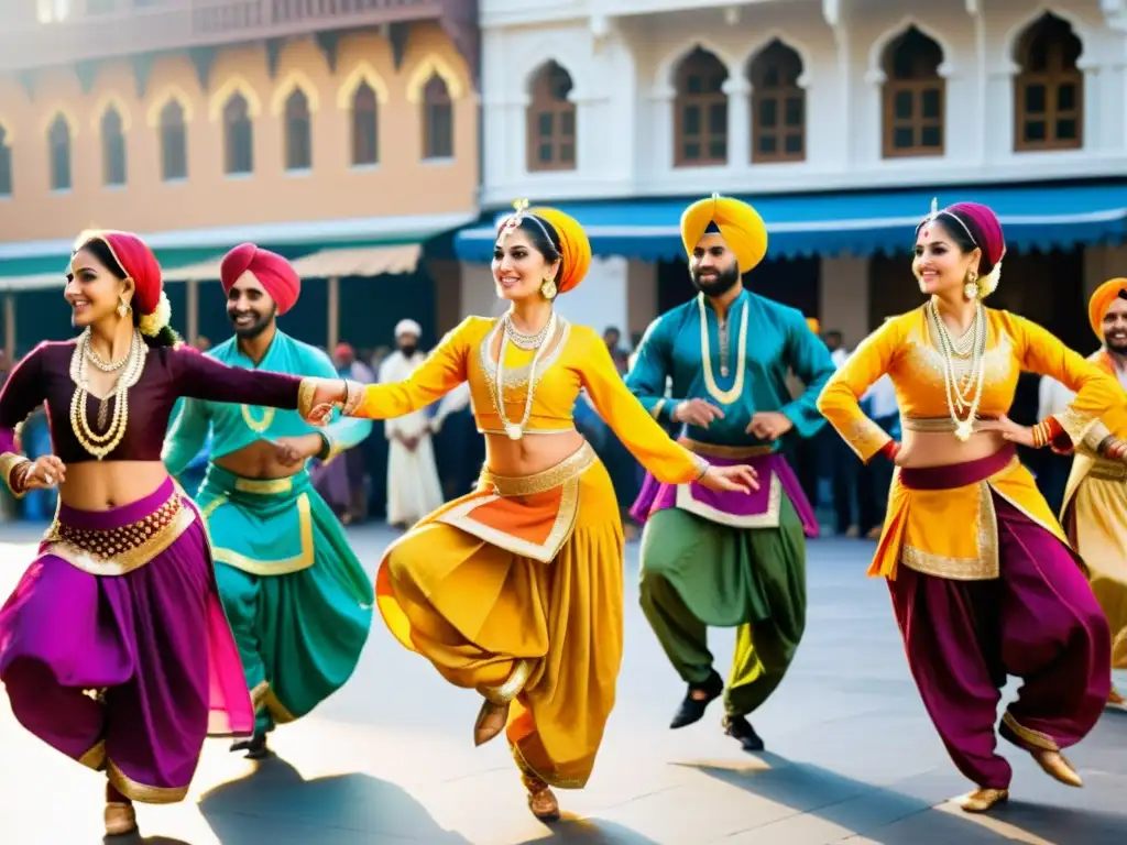 Grupo de bailarines Punjabi danzando bhangra en una plaza llena de gente