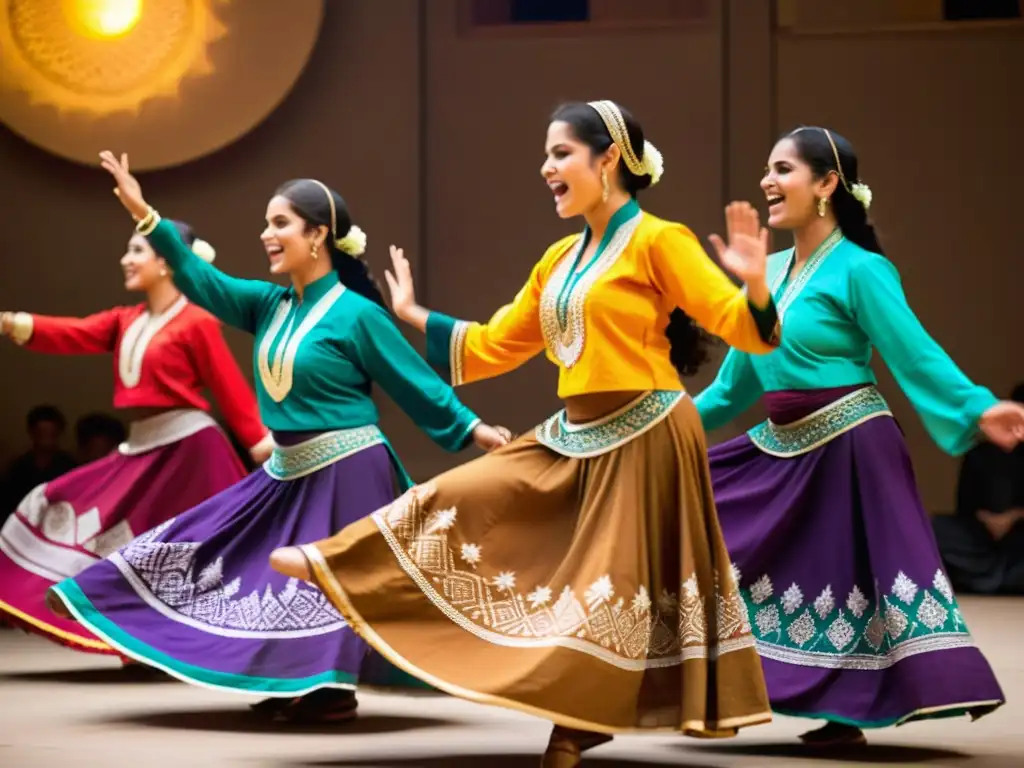 Grupo de bailarines Qawwali en Pakistán, vestidos con atuendos tradicionales vibrantes, bailando en un trance espiritual