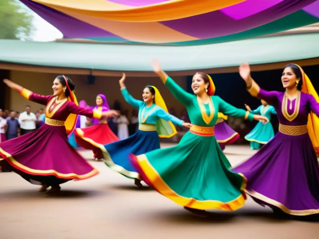 Grupo de bailarines de Qawwali en trajes tradicionales, girando en un torbellino de colores, rodeados de espectadores encantados