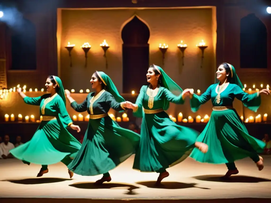 Grupo de bailarines de Qawwali en trajes tradicionales, danzando con fervor espiritual en un santuario Sufi iluminado por velas en Pakistán