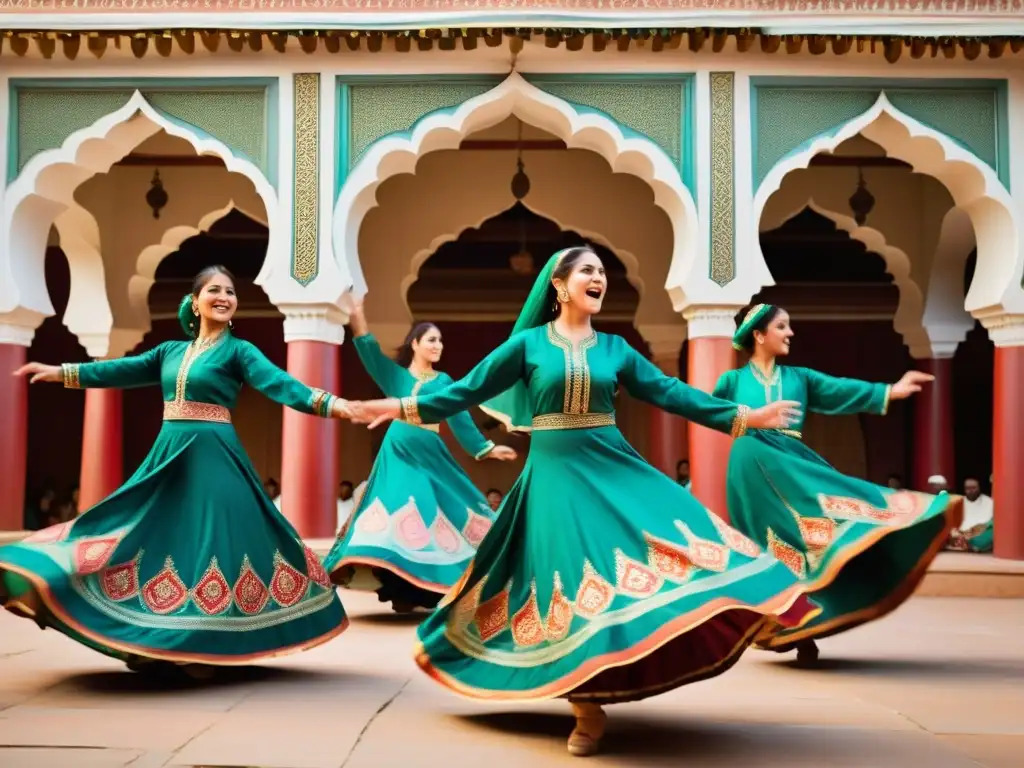 Grupo de bailarines de Qawwali en trajes tradicionales de Pakistán, danza espiritual y devoción en un santuario sufí al atardecer