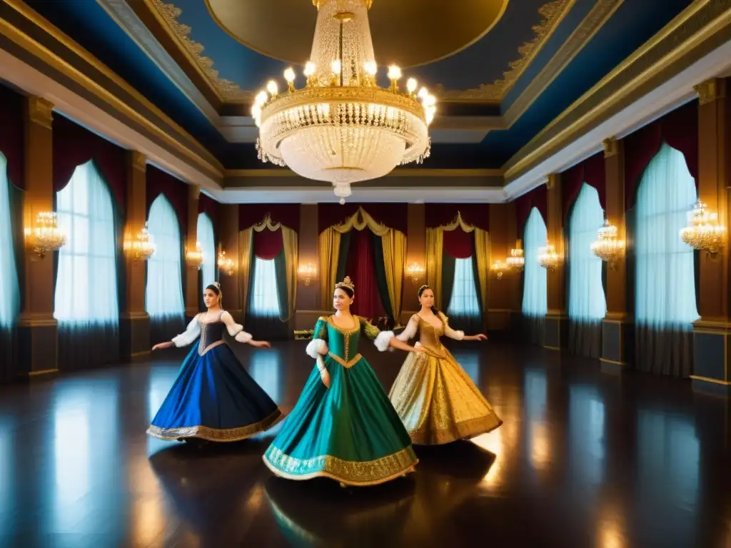 Grupo de bailarines renacentistas ejecutando la elegante danza Pavana en un suntuoso salón de baile, creando una atmósfera encantadora y atemporal