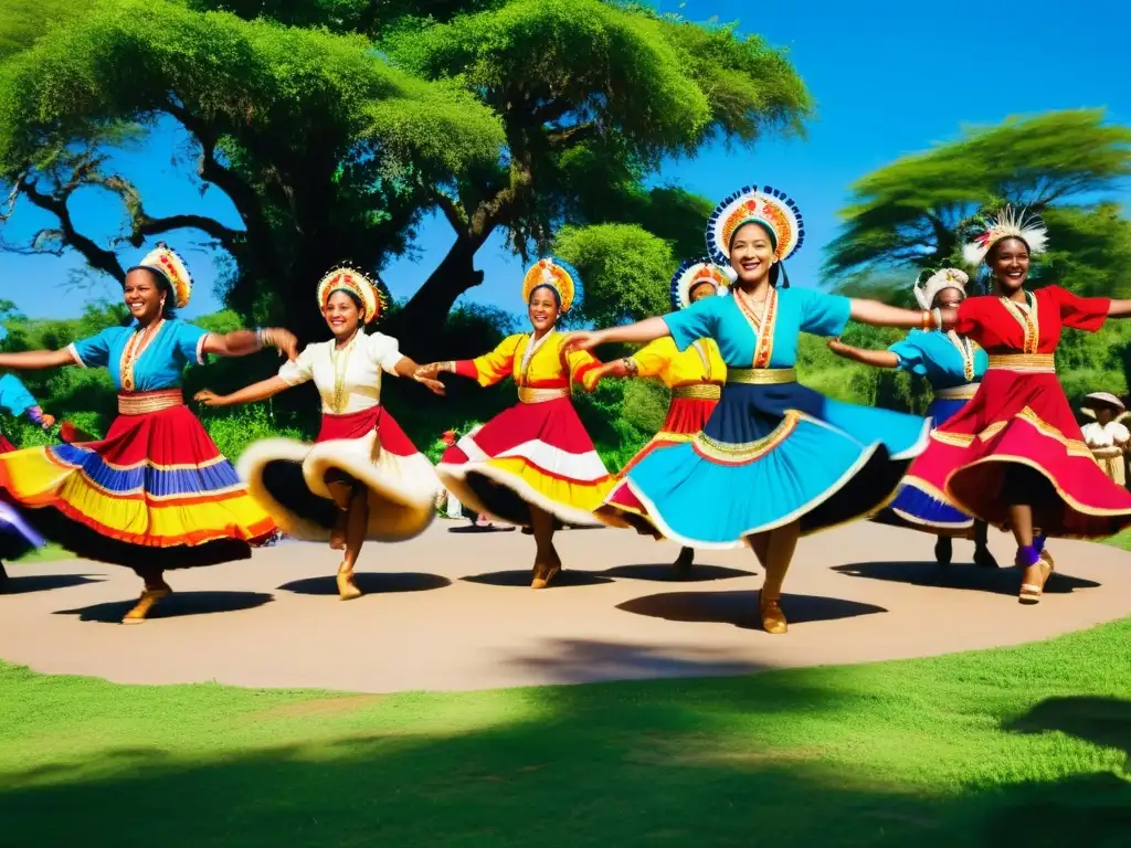 Grupo de bailarines danzando al ritmo del chamamé, con trajes coloridos y público admirando