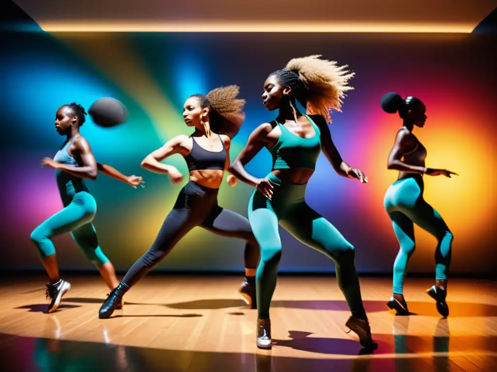 Grupo de bailarines se mueven al ritmo de la música, con ondas de sonido coloridas de fondo