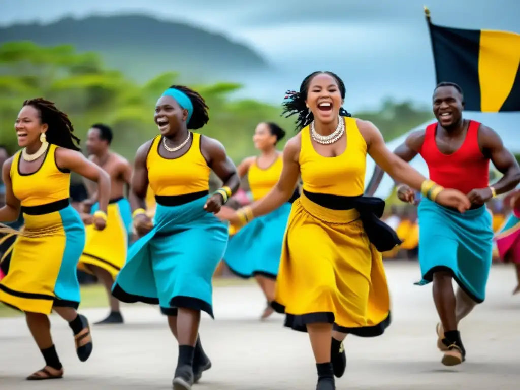 Grupo de bailarines Garifuna danzando al ritmo de la música Punta, expresando el significado cultural de la danza punta con pasión y orgullo