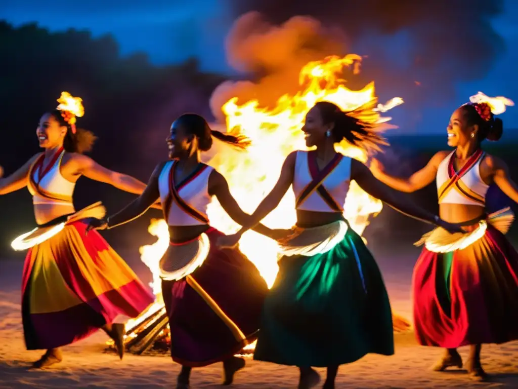 Grupo de bailarines se mueven al ritmo de tambores alrededor de fogata, celebrando el poder terapéutico de la danza Ndombolo en el Congo