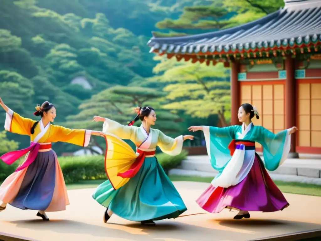 Grupo de bailarines en hanboks danzando al ritmo de la música tradicional coreana en un escenario al aire libre, mostrando la historia de la danza folclórica coreana en contraste con la modernidad