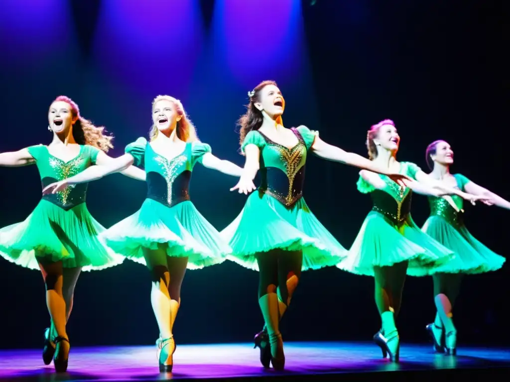 Grupo de bailarines de Riverdance con trajes vibrantes realizando una rutina energética de danza irlandesa tradicional