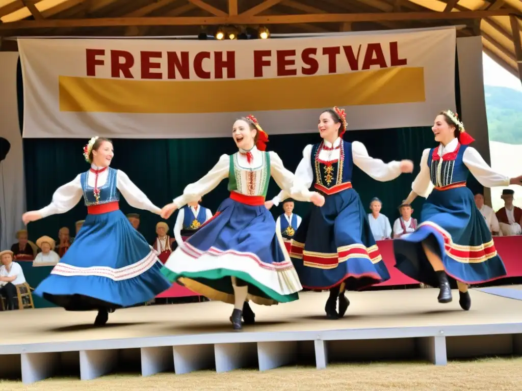 Grupo de bailarines rurales franceses en el Festival de Folklore de Gannat, con trajes tradicionales coloridos y danzas vibrantes