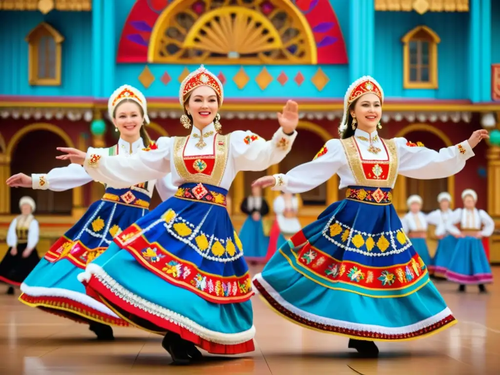 Grupo de bailarines rusos ejecutando la enérgica danza Kalinka en un escenario vibrante y colorido, con trajes ornamentados y arquitectura rusa de fondo, honrando la historia y el folclore ruso