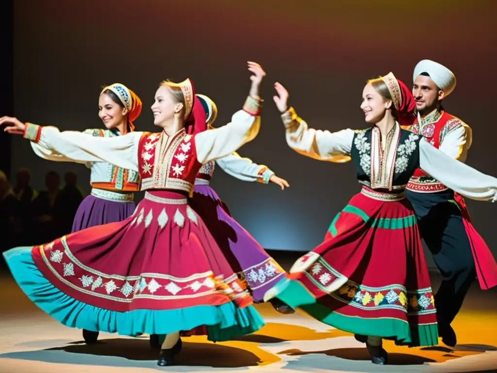 Grupo de bailarines rusos con indumentaria tradicional de danza rusa, movimientos elegantes y trajes vibrantes