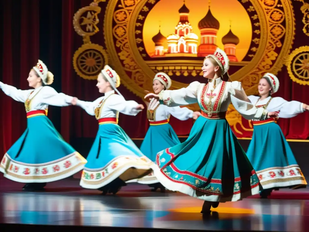 Grupo de bailarines rusos en trajes tradicionales ejecutando la historia danza tradicional Kalinka rusa con pasión y energía en un teatro histórico