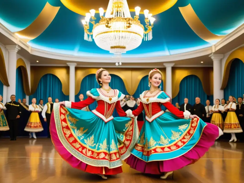 Grupo de bailarines rusos en trajes vibrantes realizando la historia danza tradicional Kalinka rusa en majestuoso salón de baile