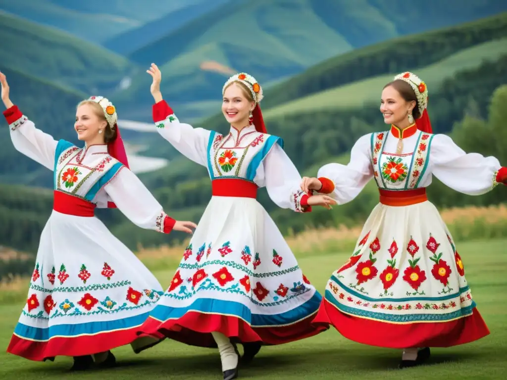 Grupo de bailarines rusos en trajes vibrantes, realizando una danza sincronizada que refleja la historia y evolución de la danza folklórica rusa